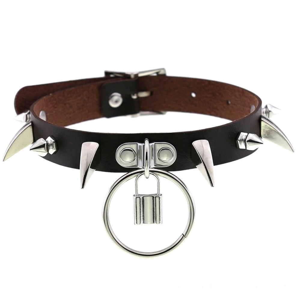 Matte black PU leather spiked choker with silver spike studs and lock ring pendant