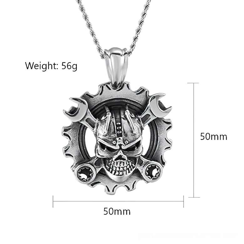 Skull gear pendant with size measurements - 50mm diameter mechanical design, gothic necklace sizing reference