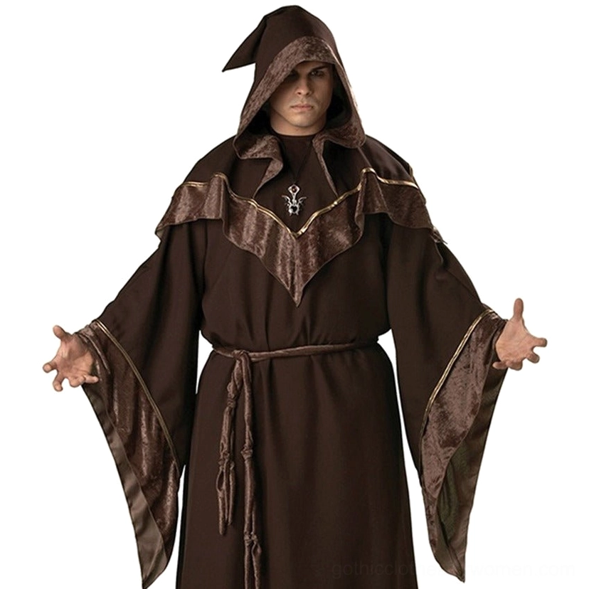 Medieval wizard robe with dramatic bell sleeves and integrated hood, dark brown velvet trim design – gothic fantasy costume