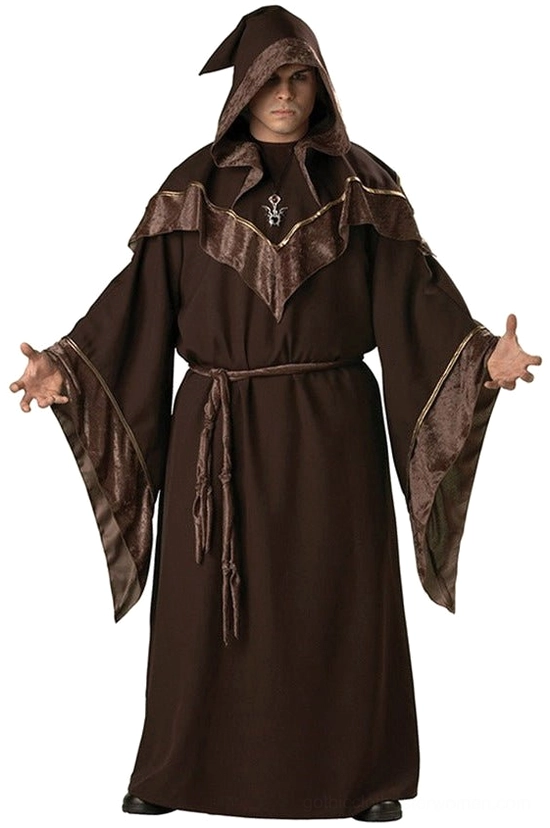 Medieval wizard gothic sorcerer robe with velvet brown trim, attached hood, waist tie, and chest emblem – full front view on male model