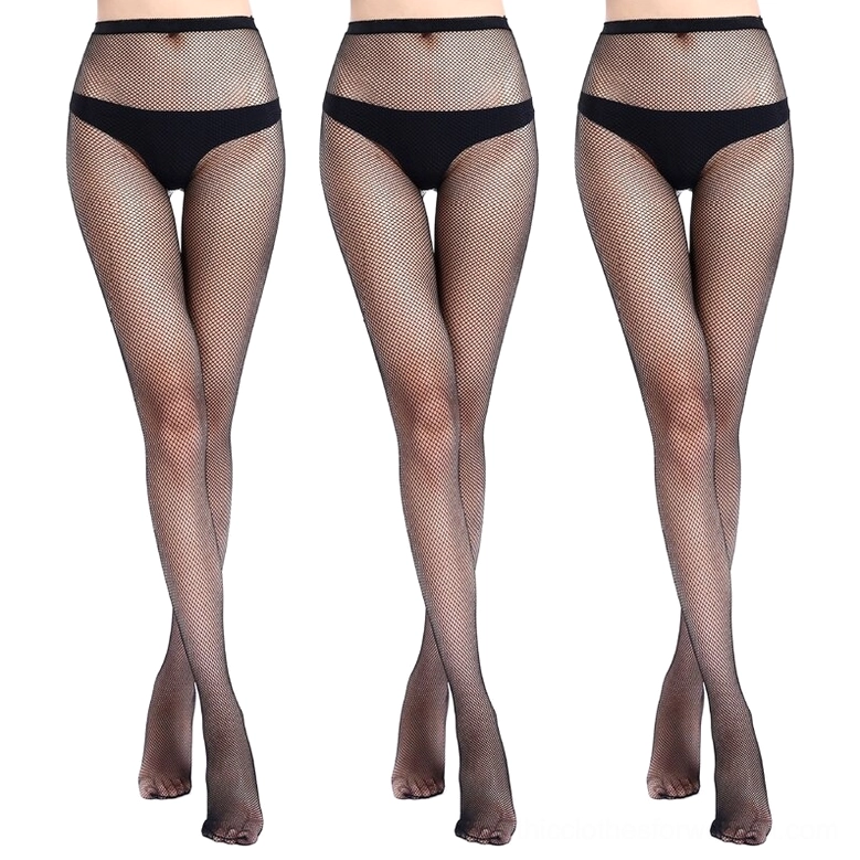 Medium diamond grid black fishnet pantyhose styled with crossed legs, highlighting alternative fashion aesthetic