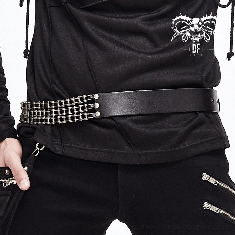 Full product view of men's black leather motorcycle chain belt displaying complete design and metal chain construction