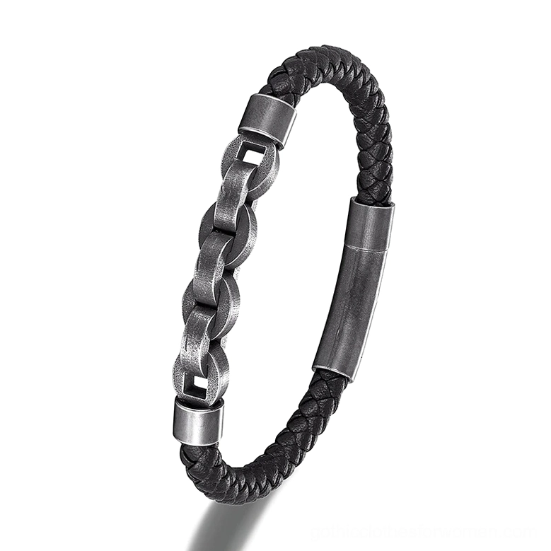 Black braided leather and gunmetal stainless steel chain gothic bracelet for men, side oblique view showcasing hybrid braid and chain design