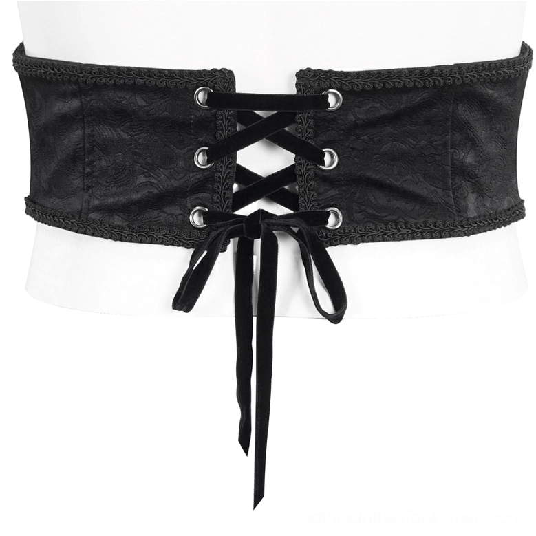 Rear flat display of gothic punk corset belt showing cross velvet lace-up closure on mannequin