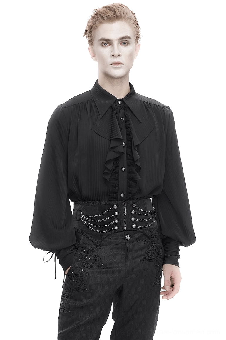 Men's gothic punk waist corset belt with multi-chain hardware worn by model, front full-body view showing black synthetic leather with metal chains and zipper closure