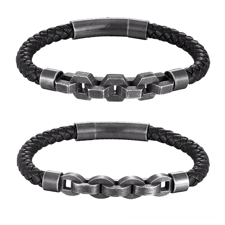 Square link gunmetal chain and black braided leather men's gothic bracelet, flat lay top-down angle highlighting craftsmanship