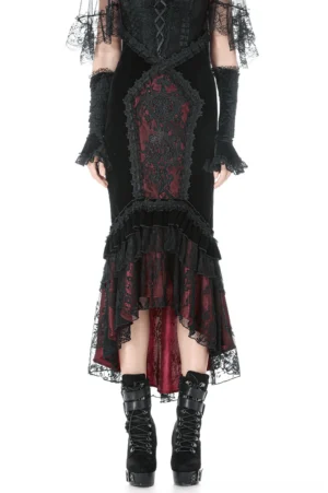 Black wine red mermaid lace skirt front view showing layered ruffled fishtail hem and gothic lace details