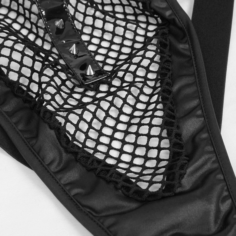 Black halter mesh bodysuit texture and material composition showcase, displaying transparency and synthetic leather trim