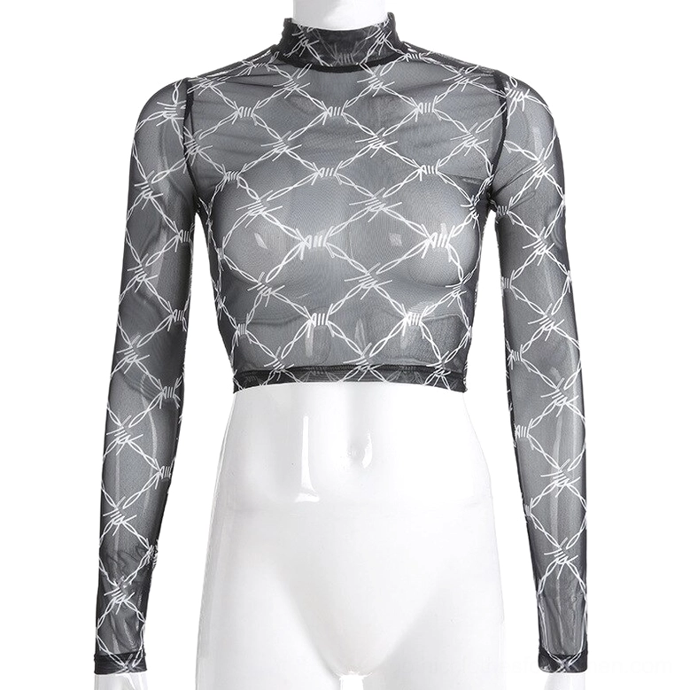 Sheer black mesh crop top with barbed wire print three-quarter mannequin view showing cropped hem