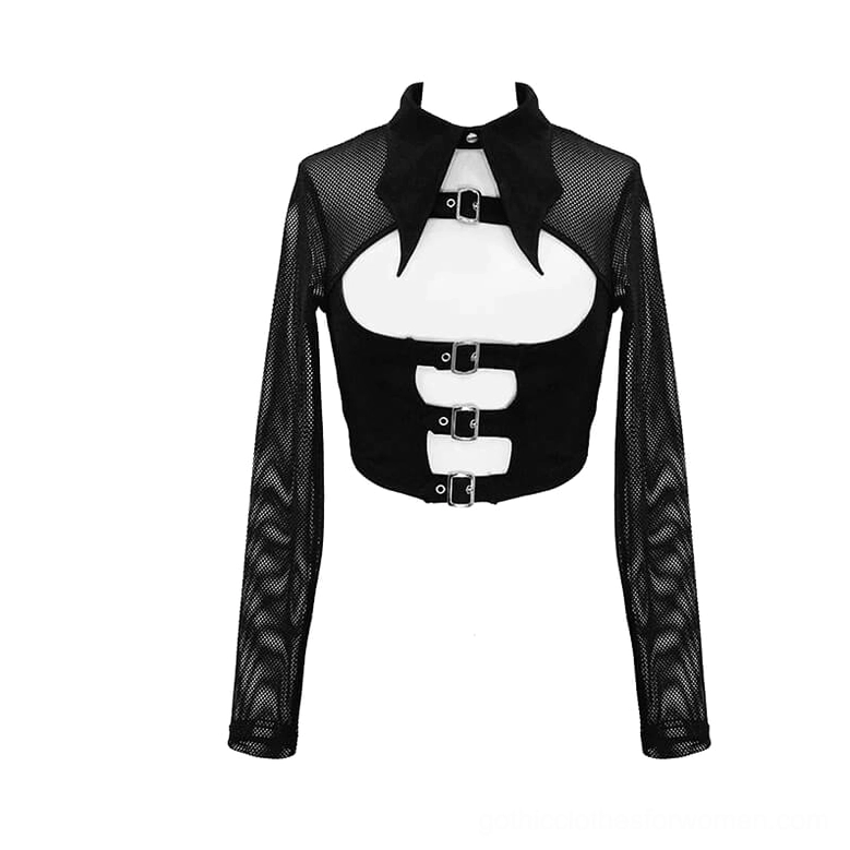 Flat lay front view of black mesh crop top with multi-layer buckle system and pointed collar