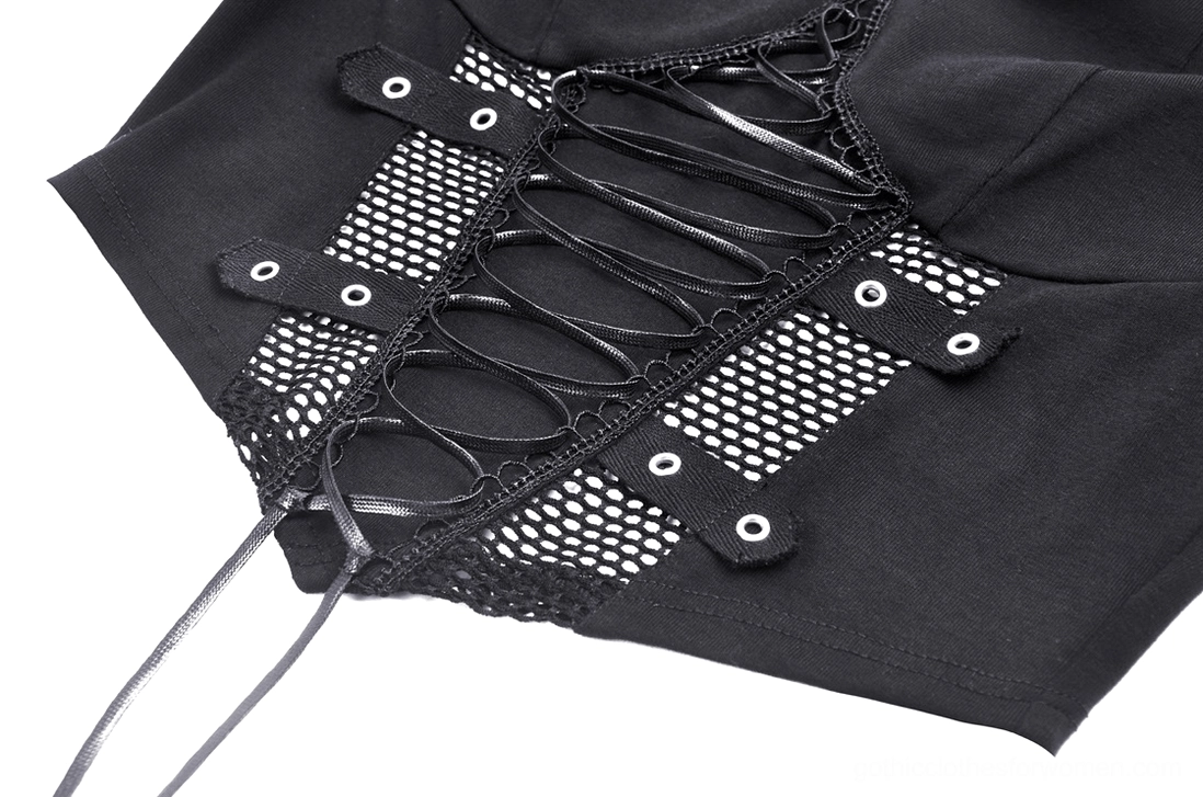 Detailed view of lace-up front mesh panel with metal eyelets and leather drawstring lacing