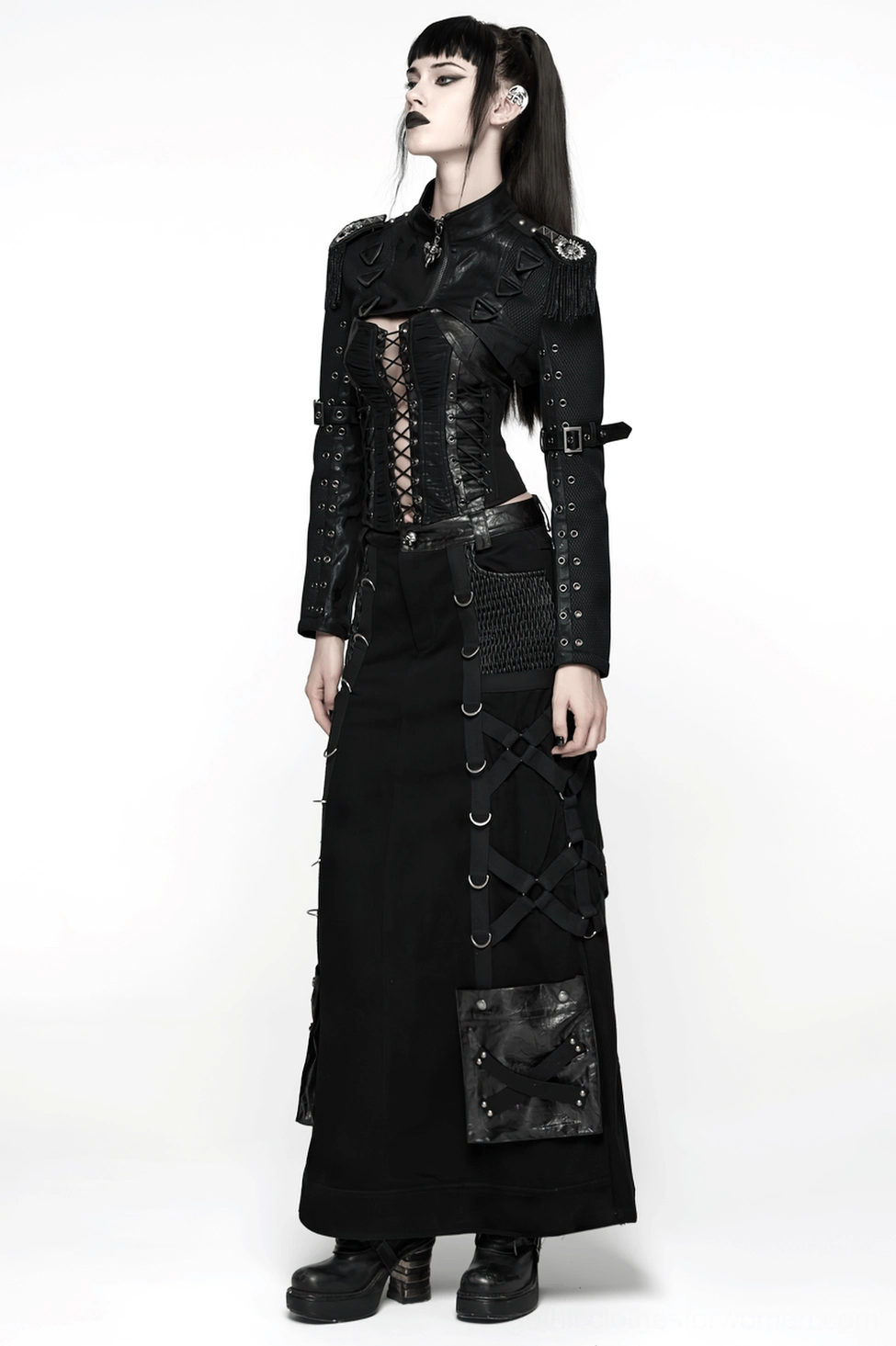 Black mesh cropped jacket styled layered look with lace-up closure and epaulet shoulder straps