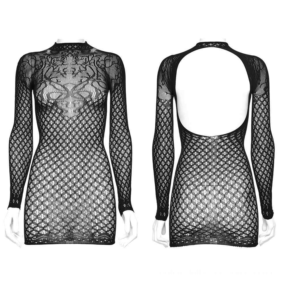Black mesh mini dress front and back flat lay on mannequin displaying diamond knit pattern and architectural open back