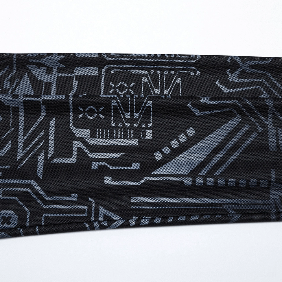 Detailed close-up of sheer black mesh fabric weave with grey tech-inspired circuit print