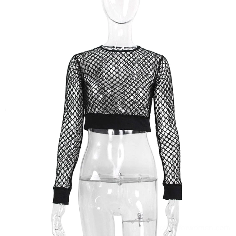 Gothic mesh crop top layering inspiration, see-through fishnet design worn over fitted base layer
