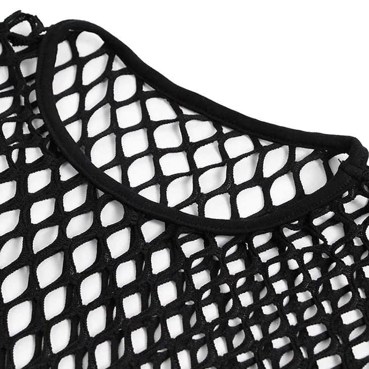 Mesh fishnet crop top material closeup showing polyester-lycra blend and hollow-out construction