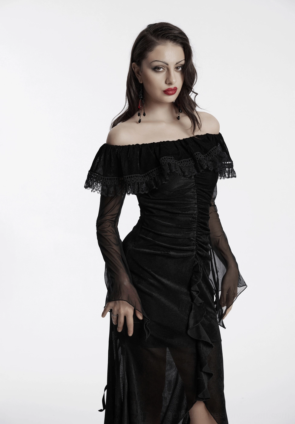 Velvet mesh fishtail gothic dress construction detail highlighting elastane blend and stretch properties