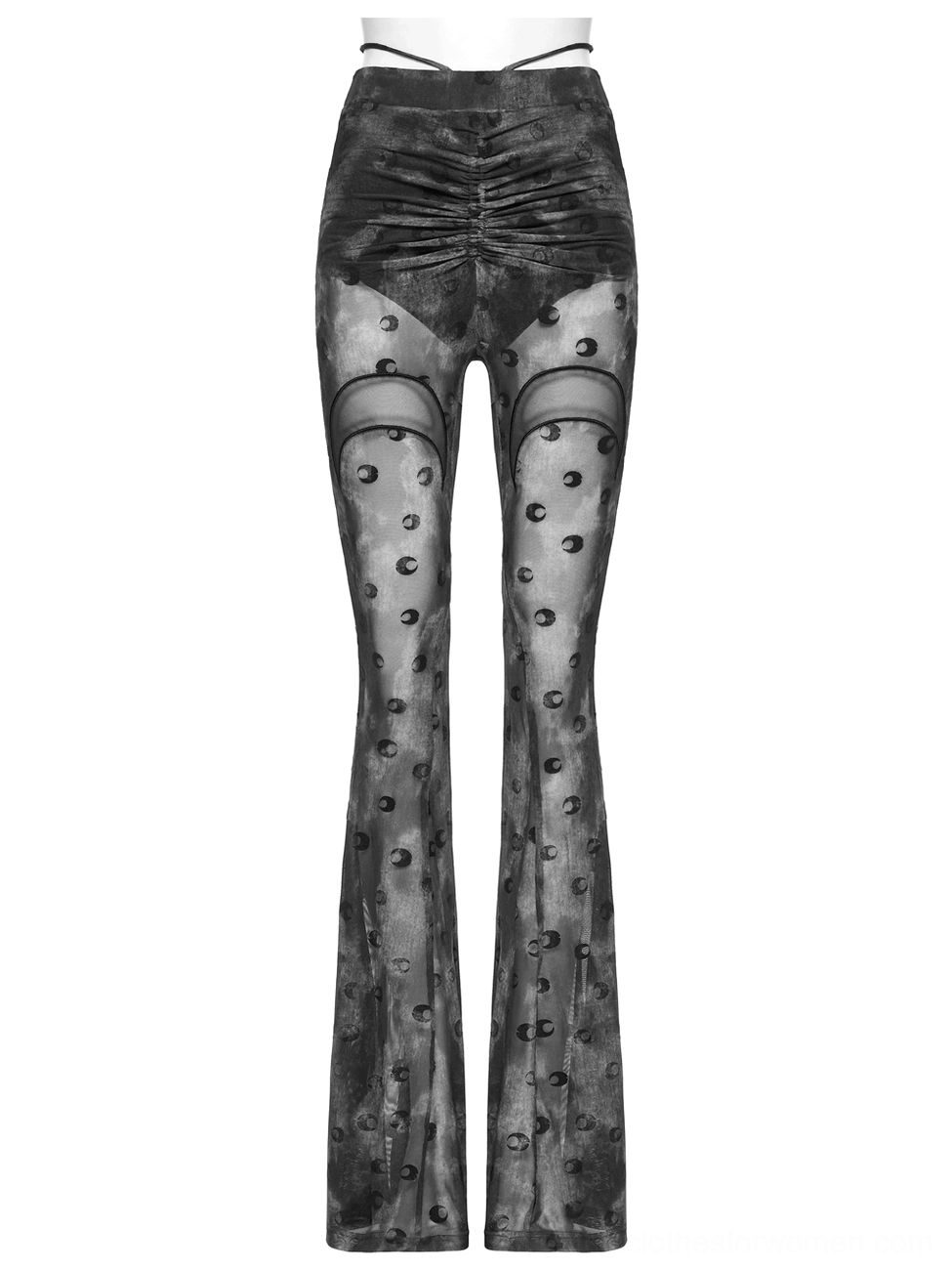 Close-up flat lay showing ruched seam detail and flared leg construction of crescent moon mesh gothic pants