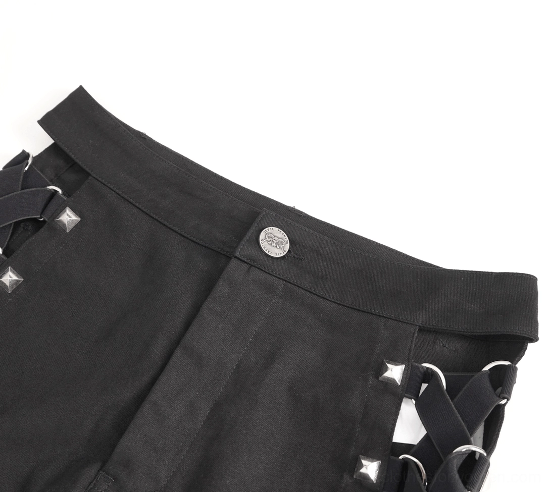 Side view close-up of black mesh garter shorts showing metal studded strap hardware and branding