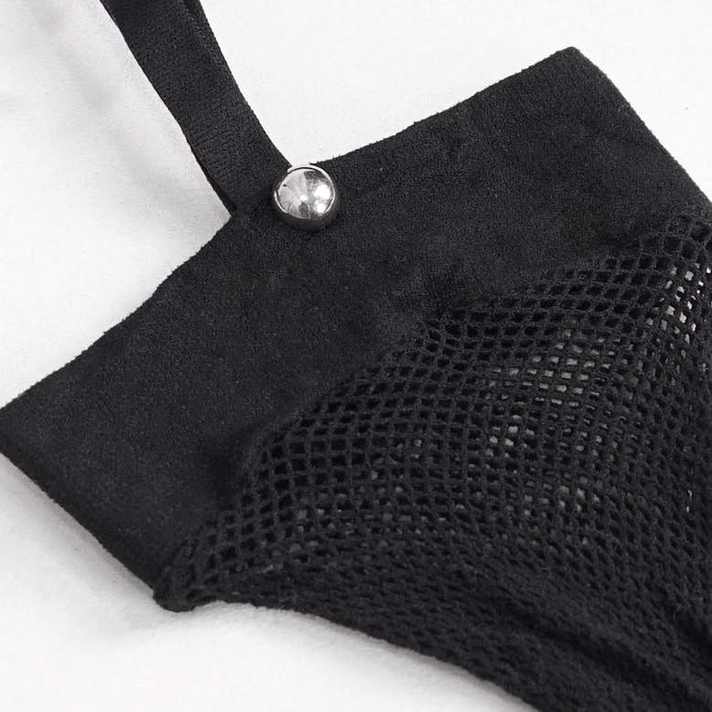 Macro texture close-up of black mesh knit fabric against smooth solid nylon panel showing asymmetrical contrast