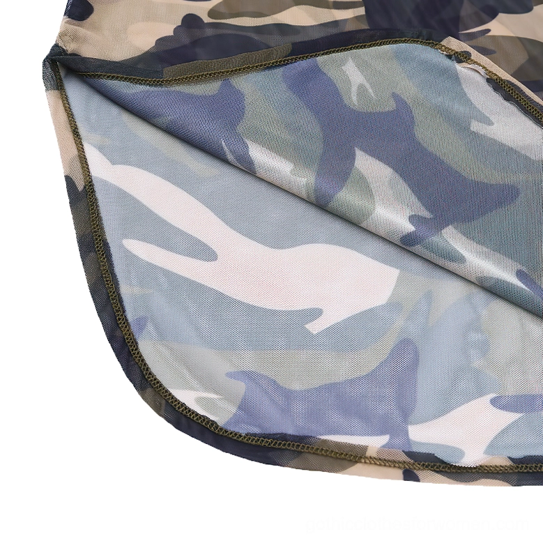 Lined hem detail on camouflage sheer mini dress with mesh fabric trim and stitching