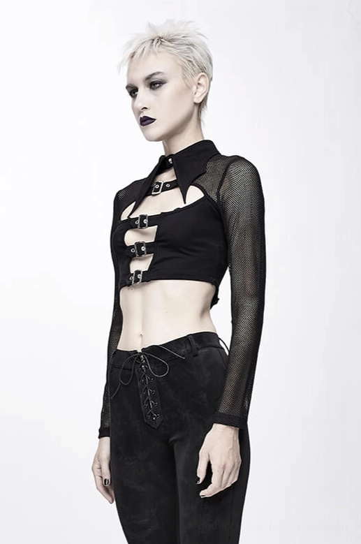 Alternative angle of mesh crop top showing mesh long sleeves and architectural buckle design