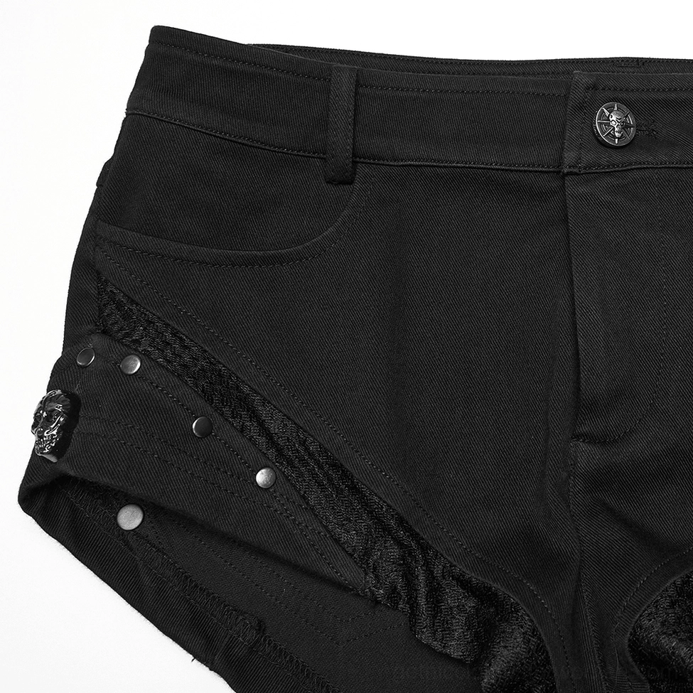 Alternative angle of mesh panel construction and stud placement on gothic denim shorts