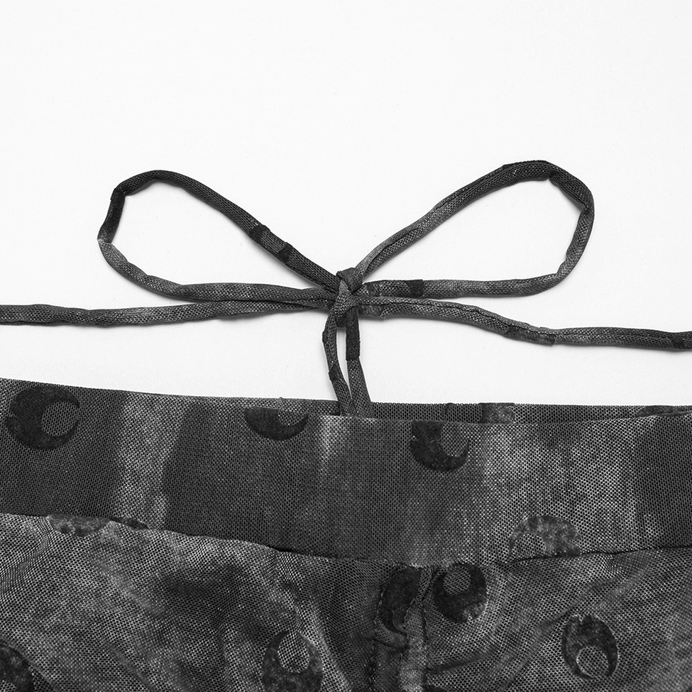 Detailed close-up showing tied fabric drawstring and transparent mesh texture with intricate moon phase prints