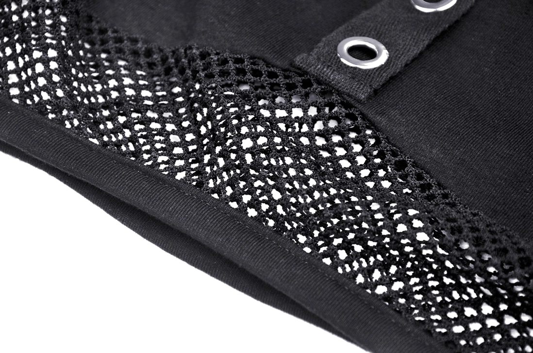 Mesh and solid knit fabric construction detail on black gothic crop top, fabric joint side view