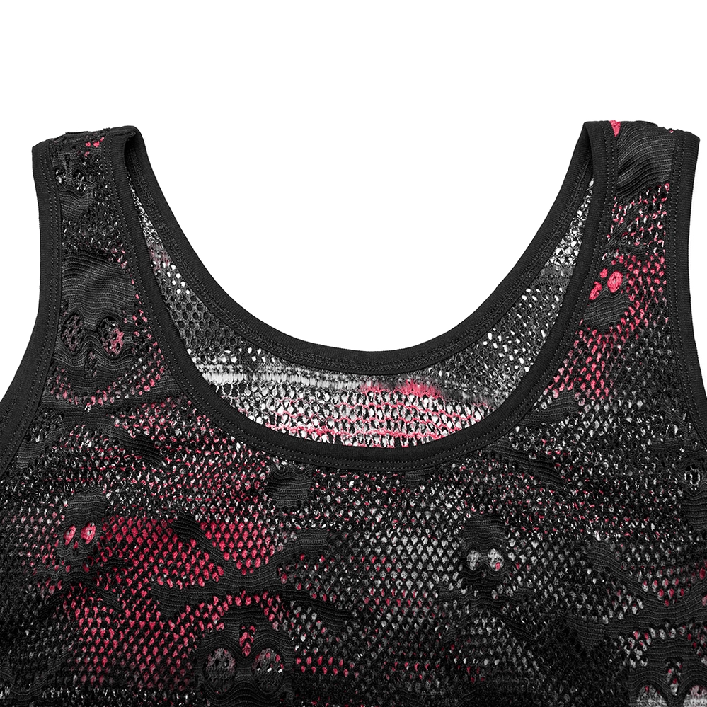 Close-up detail of mesh tank neckline showing scoop neck construction and red plaid lining visible through transparent mesh