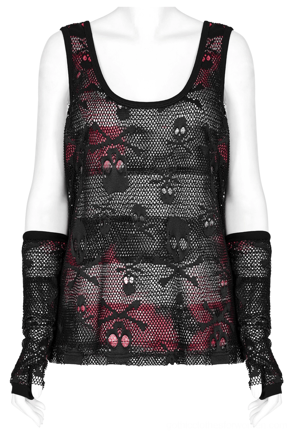 Skull mesh gothic tank with fingerless arm sleeves on mannequin showing scoop neckline and red plaid underlay detail