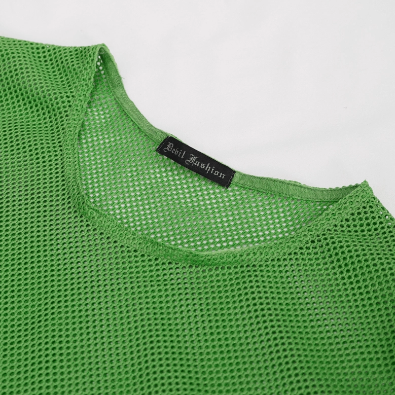 Close-up detail of crew neckline and mesh texture on emerald gothic top showing quality construction