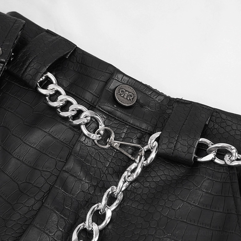 Silver metal waist chain accessory with linked oval chain and double ring pendant for gothic pants