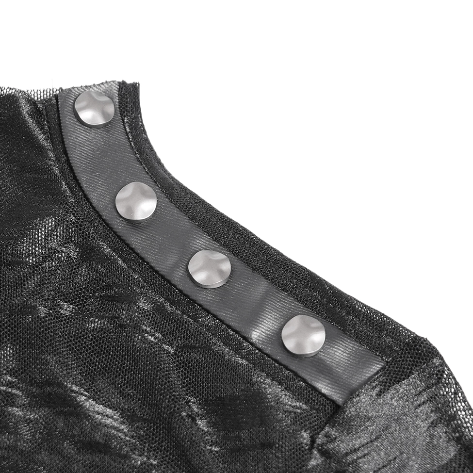 Side close-up detail of silver metal studs on gothic mesh top shoulder