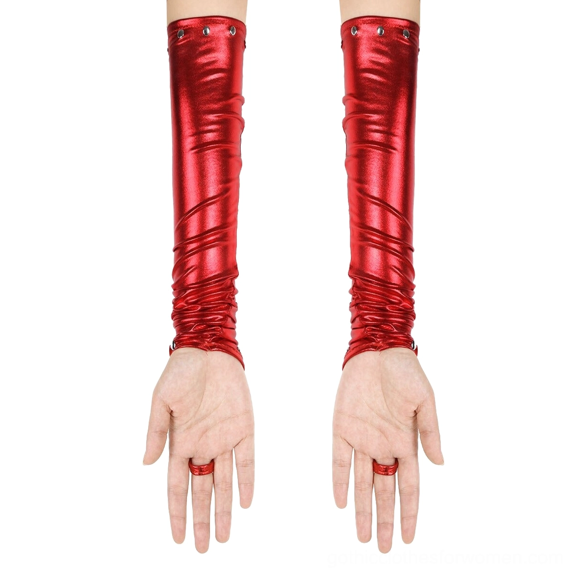 Metallic red PU leather fingerless arm sleeves with ruched cuff and red finger ring detail