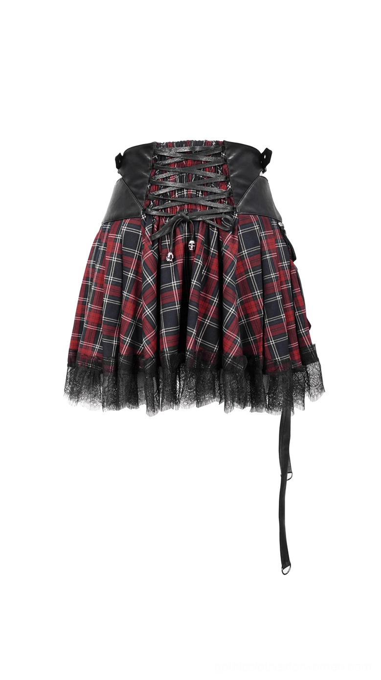 Mini tartan punk skirt flat lay front view with corset lace-up waist and single side hanging strap