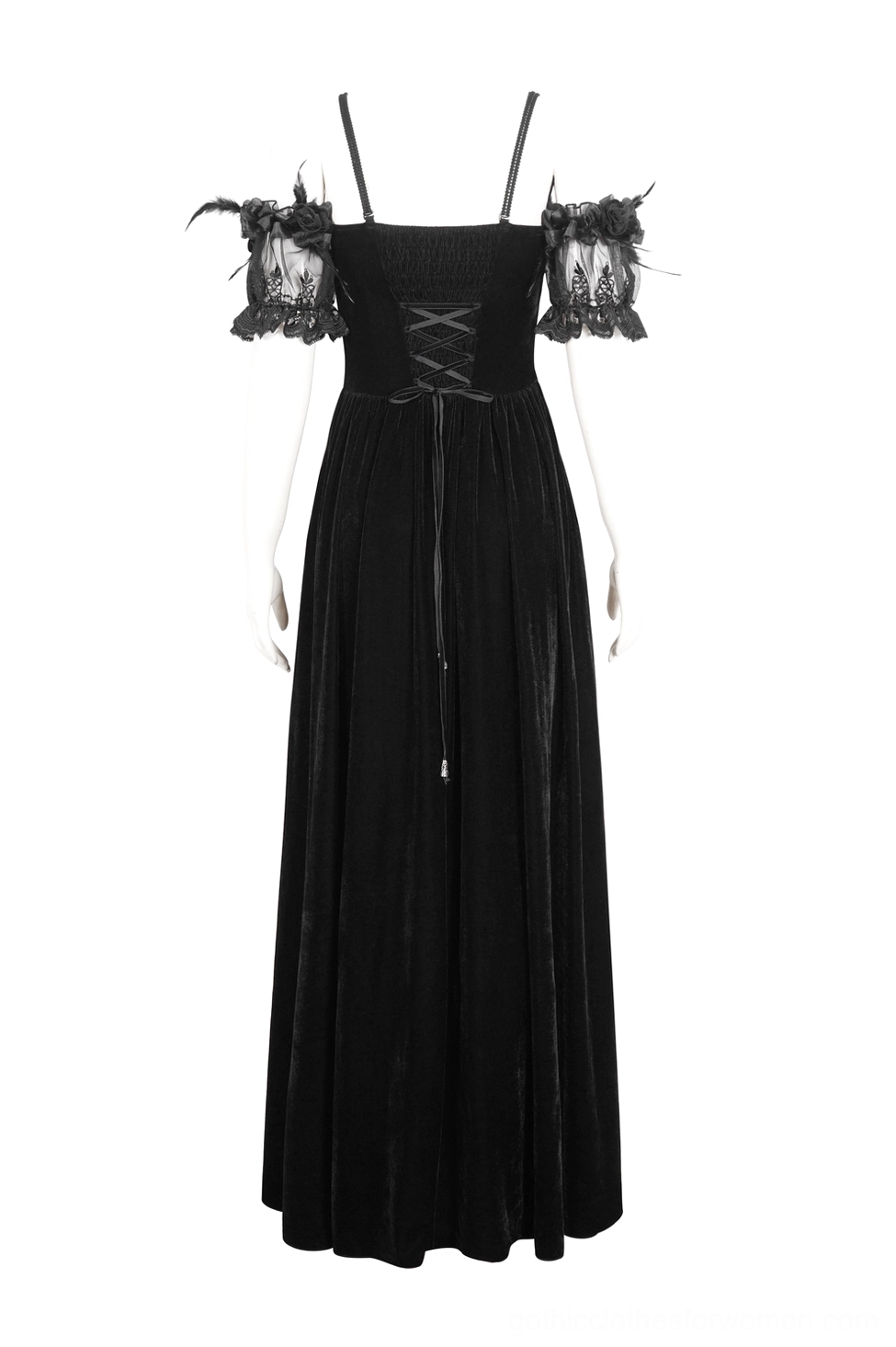 Minimalist black gothic maxi dress on mannequin - front view showcasing corset lace-up back and solid velvet fabric construction