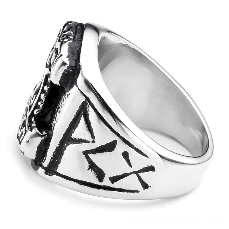 Mjolnir biker ring displaying rune engravings on outer band and polished smooth inner surface, side profile view