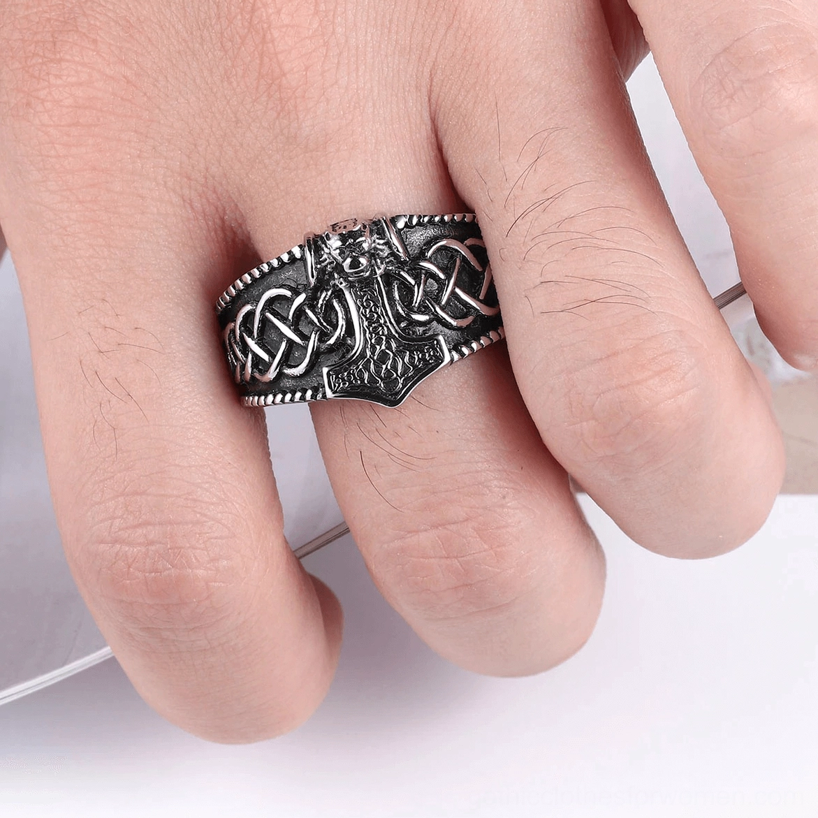 Stainless steel Mjolnir Celtic gothic men's ring featuring intricate engraved Norse hammer and Celtic pattern detail