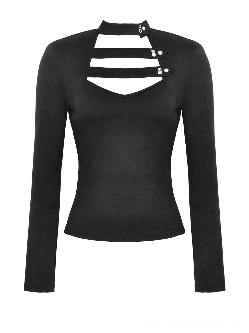 Black mock neck gothic long sleeve top front flat lay showing cutout strap construction and slim fit silhouette
