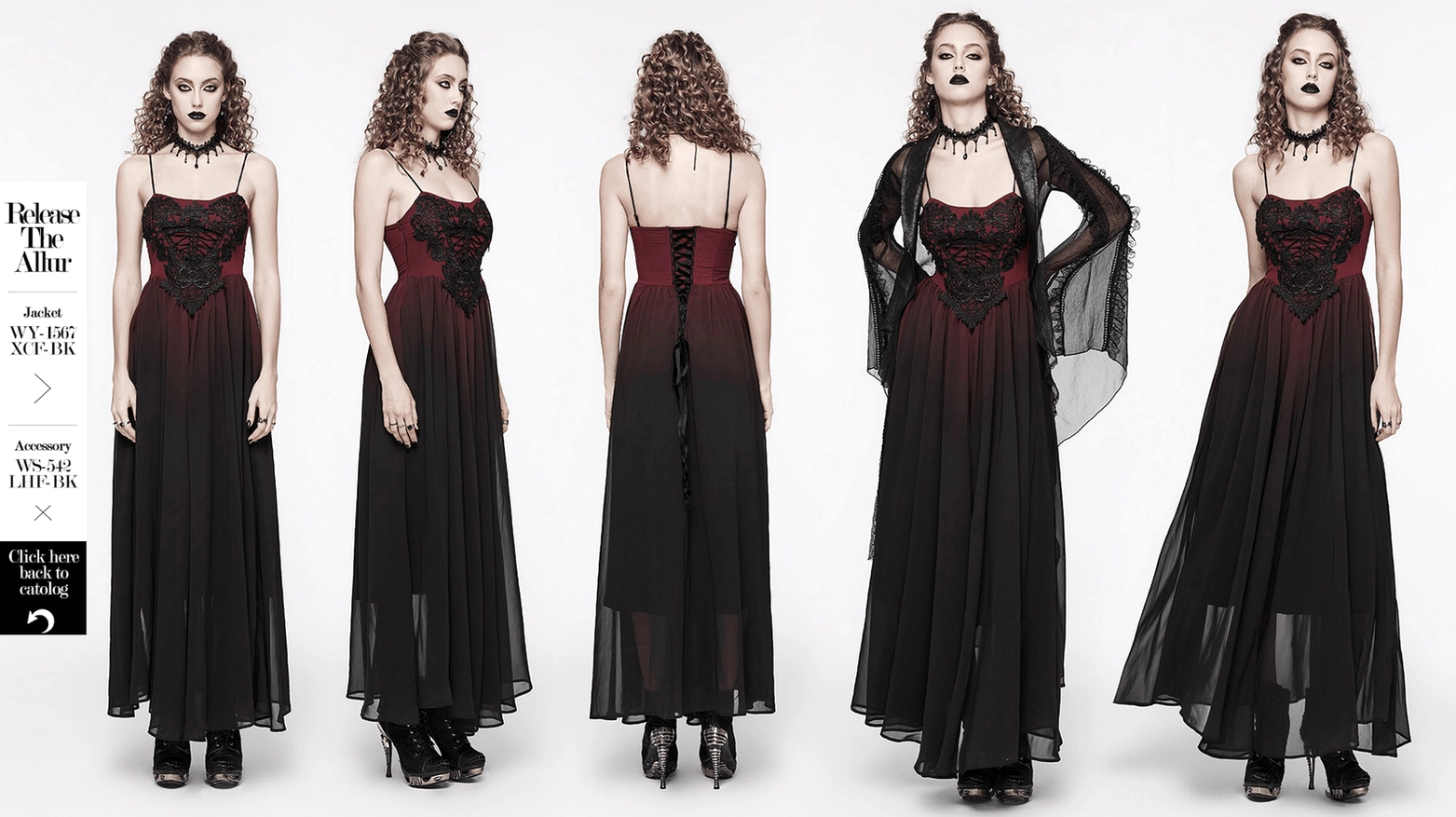 Front facing model wearing burgundy black gothic maxi dress with skeleton lace applique