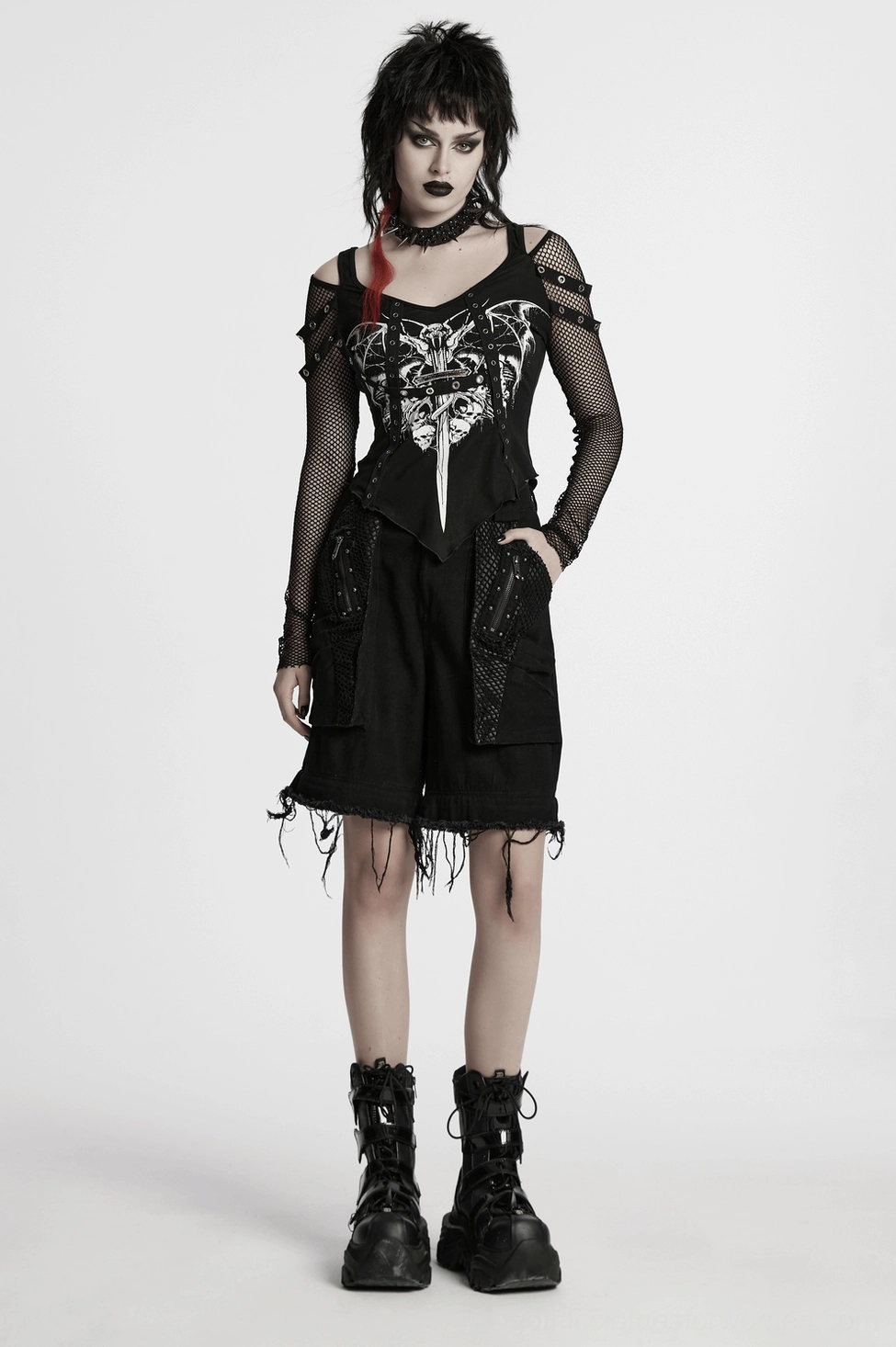 Modular gothic pants detachable leg section with studded mesh pocket design