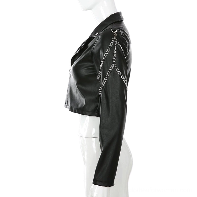 Black PU leather biker jacket right side view showcasing chain decorations on shoulder and sleeve