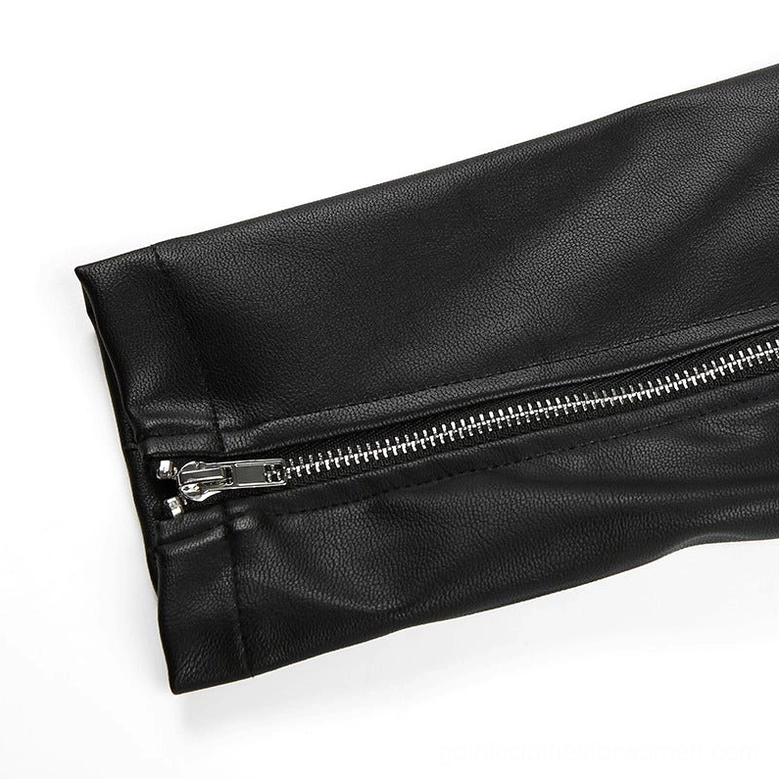 Detailed side close-up of black PU leather jacket sleeve with silver zipper cuff and chain elements