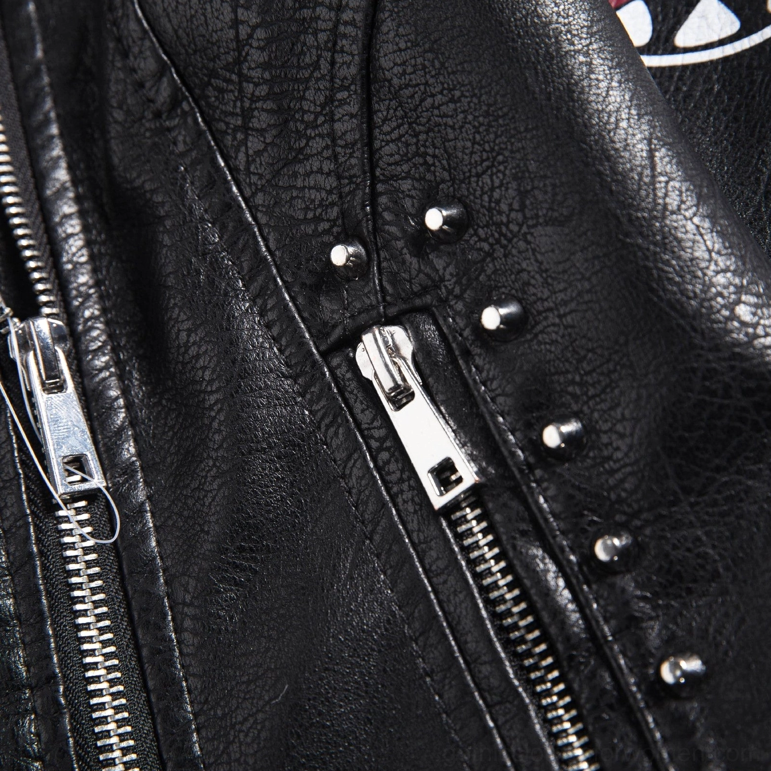 Front detail black PU leather jacket with turned-down collar zipper closure and graphic elements on display