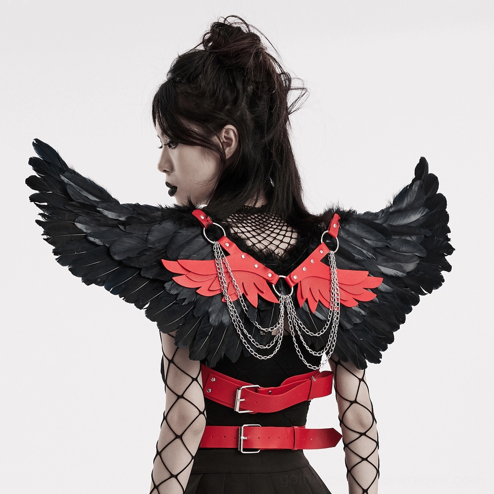 Black feather demon wing harness with multi-layer wing construction and chain embellishments detail view