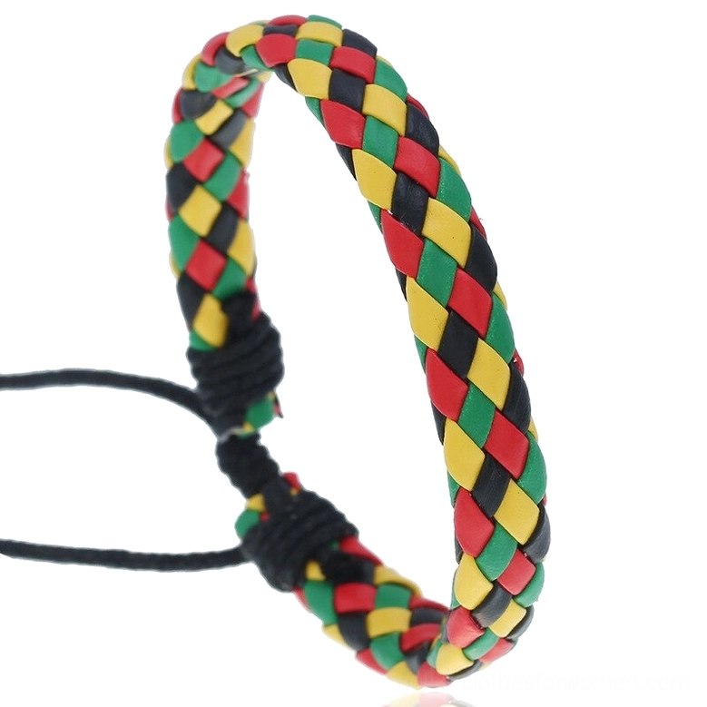 Multicolor Jamaican style braided leather gothic bracelet, vibrant alternative fashion accessory