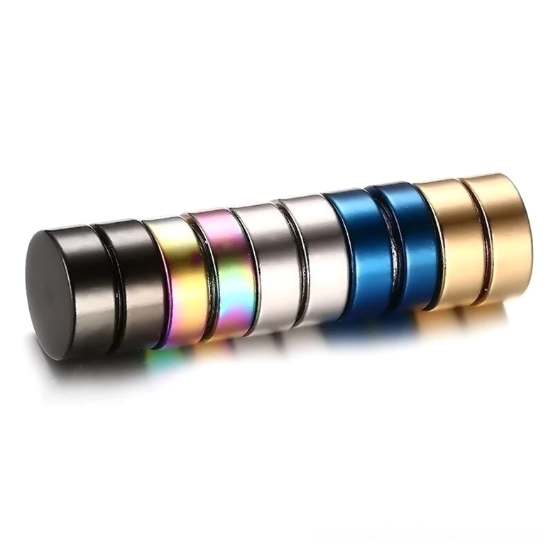 Assorted color magnetic stud earrings collection flat lay, stainless steel solid and gradient gothic minimalist designs