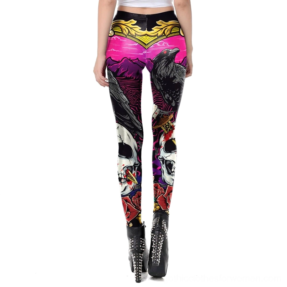 Multicolor skull head print gothic leggings back view, full length women's pants showcasing rear design and high-waist gold band detail