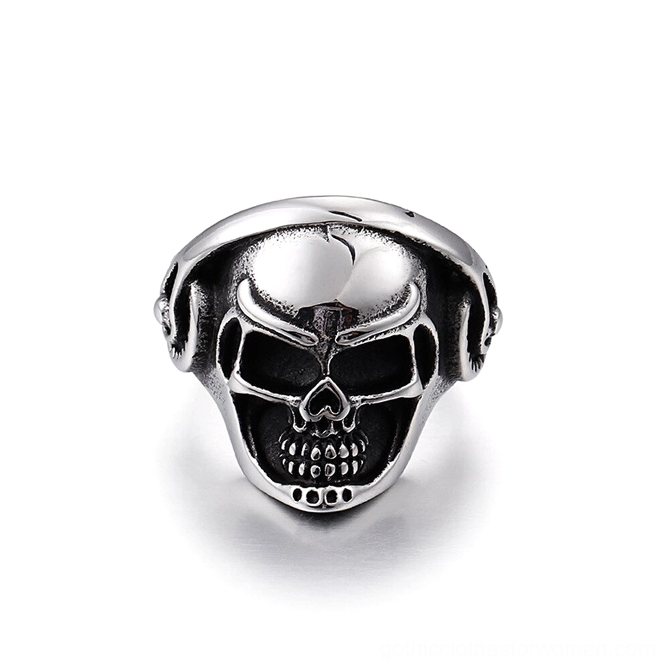 Music skull gothic ring stainless steel with headphone and gear details frontal view